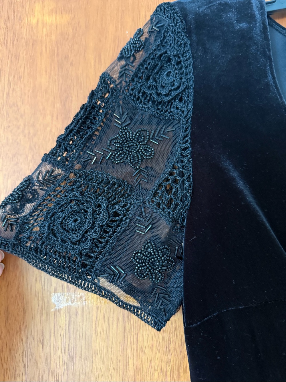 Vintage Donna Morgan Black Velvet Maxi Dress with Beaded Short Sleeves - Picture 4 of 7